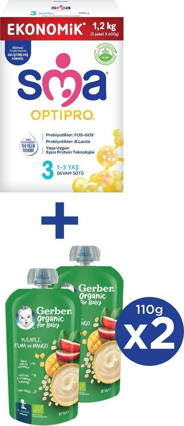 SMA OPTIPRO 3 Devam Sütü 1.2kg (2x600g) + GERBER ORGANIC Yulaflı, Elma ve Mango Püresi 2x110g - Image 1