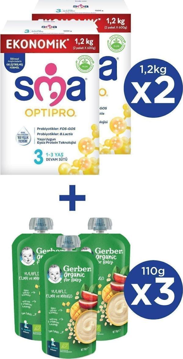 SMA OPTIPRO 3 1-3 yaş Devam Sütü 2x1200g + GERBER ORGANIC Yulaflı, Elma ve Mango Püresi 3x110g - Image 1