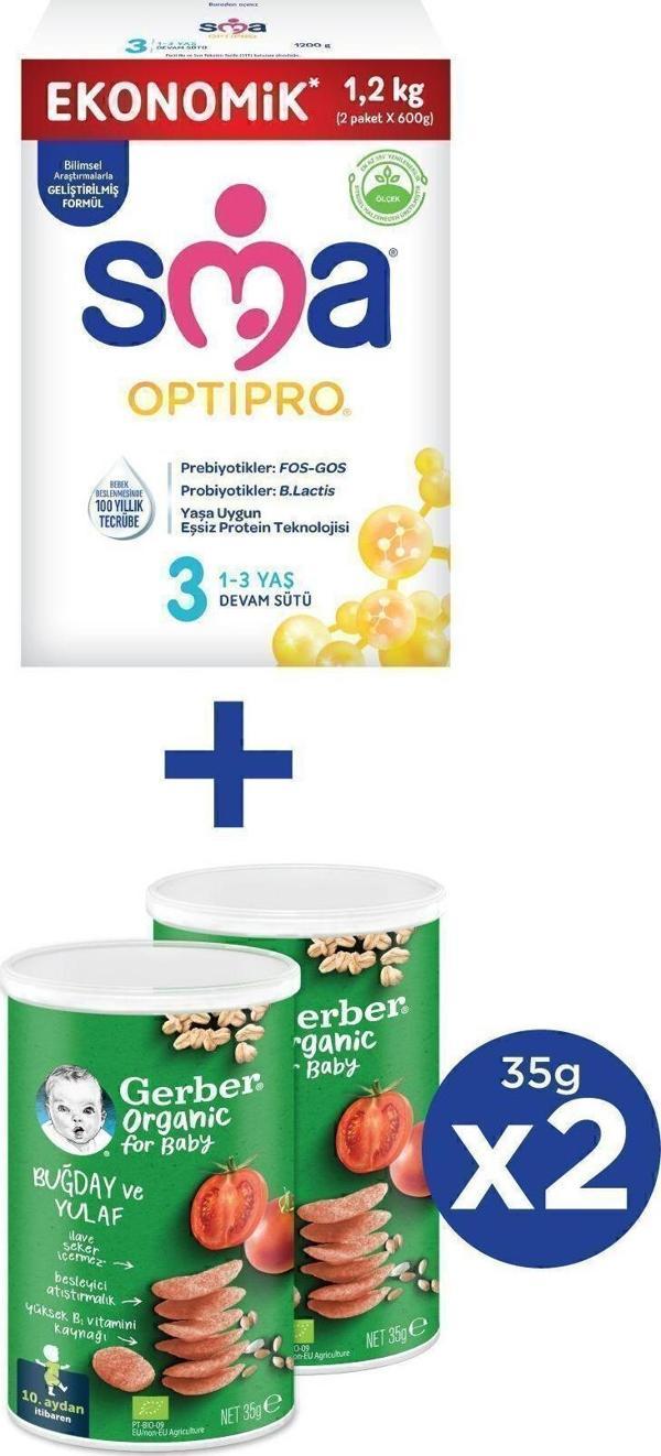 SMA OPTIPRO 3 Devam Sütü 1.2kg (2x600g) + GERBER ORGANIC Buğday, Yulaf, Dom., Hav., Soğ. Atıştırmalık 2x35g - Image 1