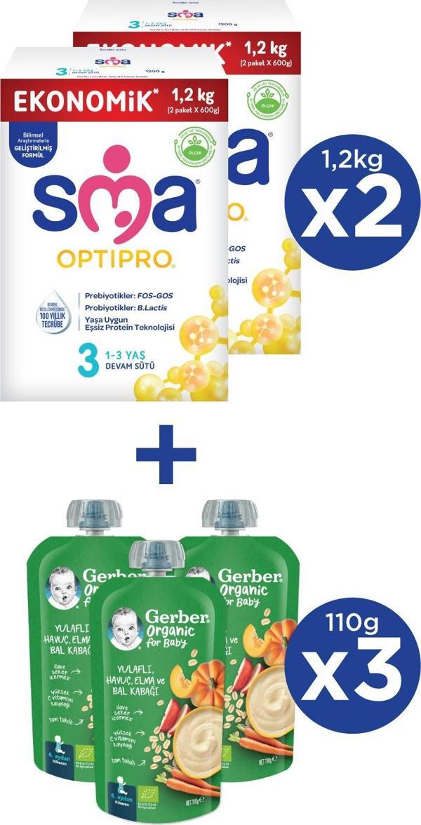 SMA OPTIPRO 3 1-3 yaş Devam Sütü 2x1200g + GERBER ORGANIC Yulaflı, Hav., Elm., Balkab. Püresi 3x110g - Image 1