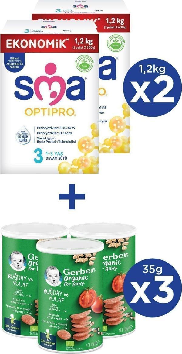 SMA OPTIPRO 3 1-3 yaş Devam Sütü 2x1200g + GERBER ORGANIC Buğday ve Yulaflı Atıştırmalık 3x35g - Image 1
