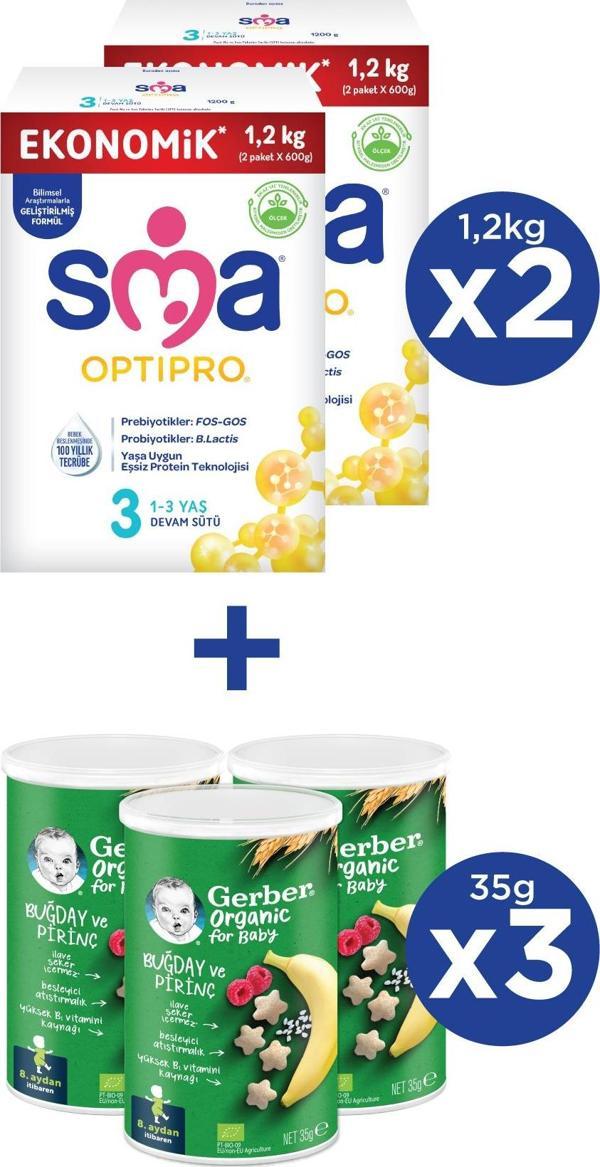 SMA OPTIPRO 3 1-3 yaş Devam Sütü 2x1200g + GERBER ORGANIC Buğday ve Pirinçli Atıştırmalık 3x35g - Image 1