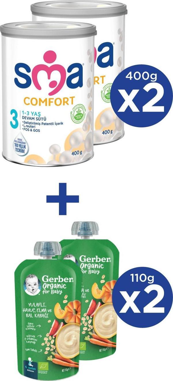 SMA COMFORT 3 1-3 yaş Devam Sütü 2x400g + GERBER ORGANIC Yulaflı, Hav., Elm., Balkab. Püresi 2x110g - Image 1