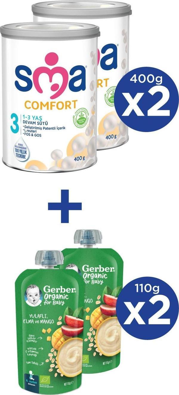 SMA COMFORT 3 1-3 yaş Devam Sütü 2x400g + GERBER ORGANIC Yulaflı, Elma ve Mango Püresi 2x110g - Image 1