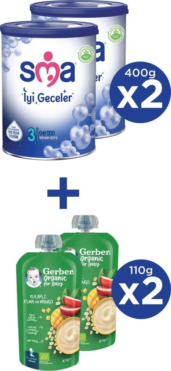 SMA İYİ GECELER 3 1-3 yaş Devam Sütü 2x800g + GERBER ORGANIC Yulaflı, Elma ve Mango Püresi 2x110g - Image 1