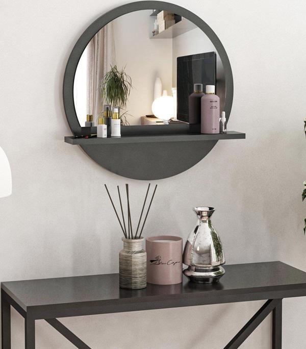 Yuvarlak 45 cm Bambu Raflı Ayna Hol Koridor Dresuar Duvar - Image 1