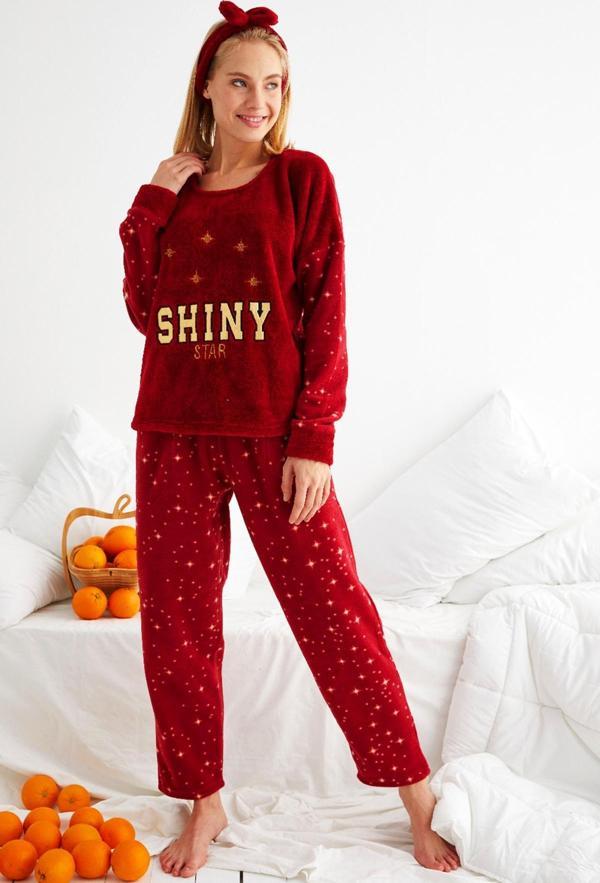 Nisanca Kışlık Polar Yılbaşı Kadın Pijama Takımı- Saç Bandı Hediyeli  - Image 1