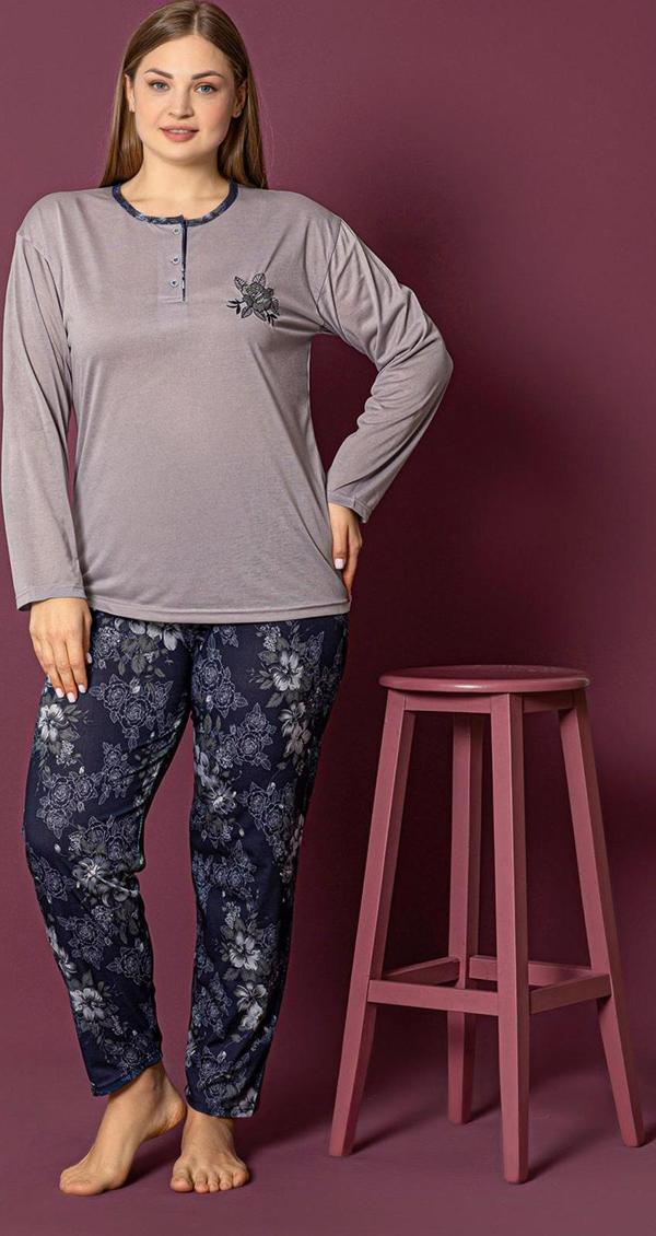 Nisanca Uzun Kollu %100 Pamuk Büyük Beden Anne Pijama Takımı- Anne Özel Serisi - Image 1