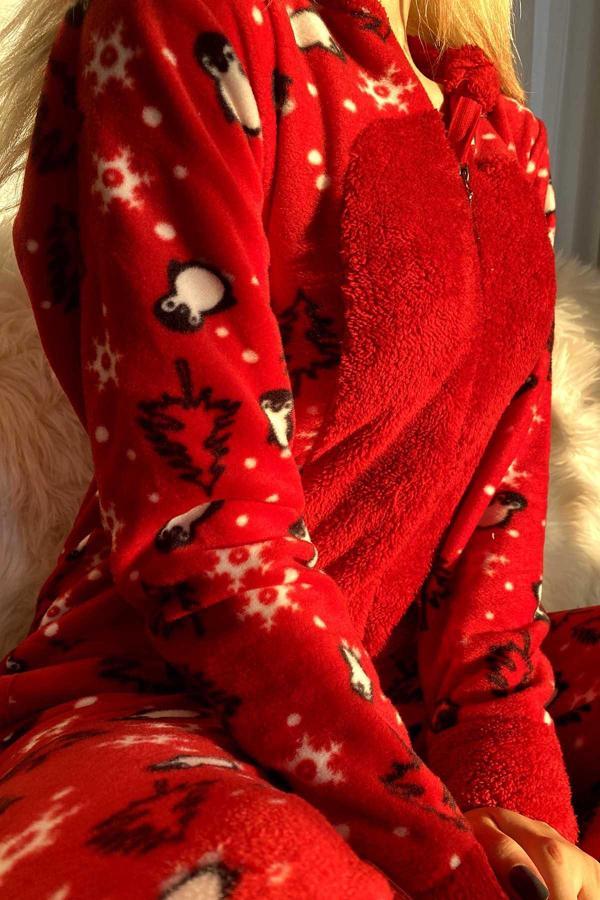 Fermuar Detaylı Kışlık Welsoft Polar Kadın Tulum Pijama Takımı - Image 1