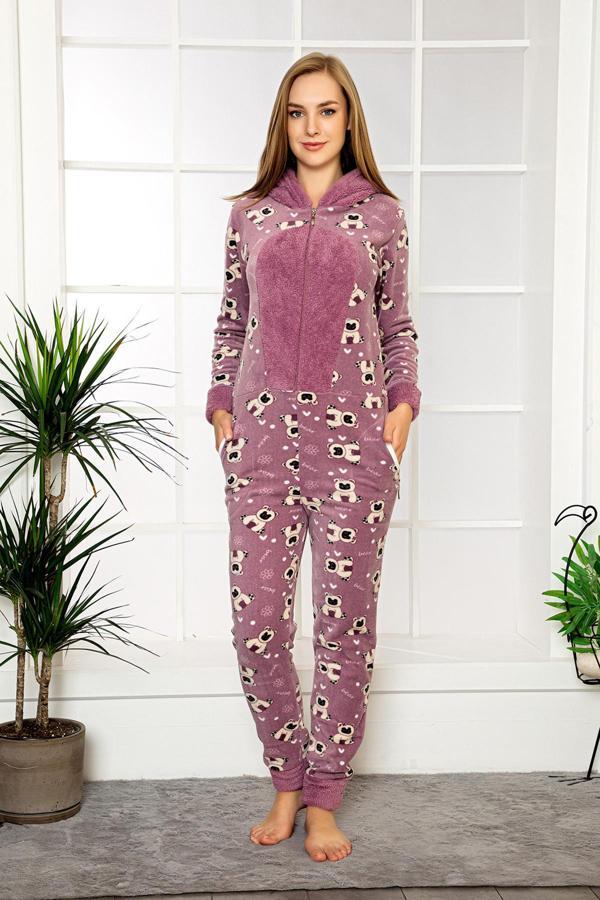 Fermuar Detaylı Kışlık Welsoft Polar Kadın Tulum Pijama Takımı - Image 1
