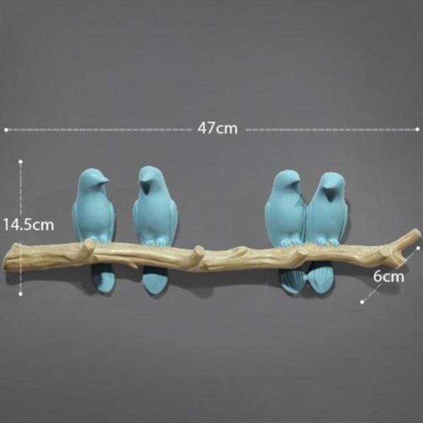 Dekoratif Dörtlü Modern Duvar Askılık Dal Üstünde Kuş Duvar Dekor Askı Mavi-50 x 156 - Image 1