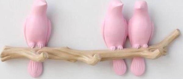 Dekoratif Üçlü Modern Duvar Askılık Dal Üstünde Kuş Duvar Dekor Askı Pembe - Image 1