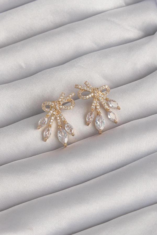 Pirinç Gold Renk Zirkon Taşlı Fiyonk Küpe - TJ-BKP9293 - Image 1