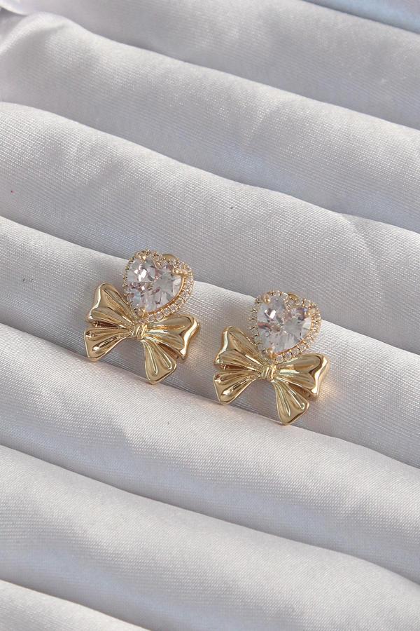 Pirinç Gold Renk Zirkon Taşlı Kalp Model Fiyonk Küpe - TJ-BKP9311 - Image 1