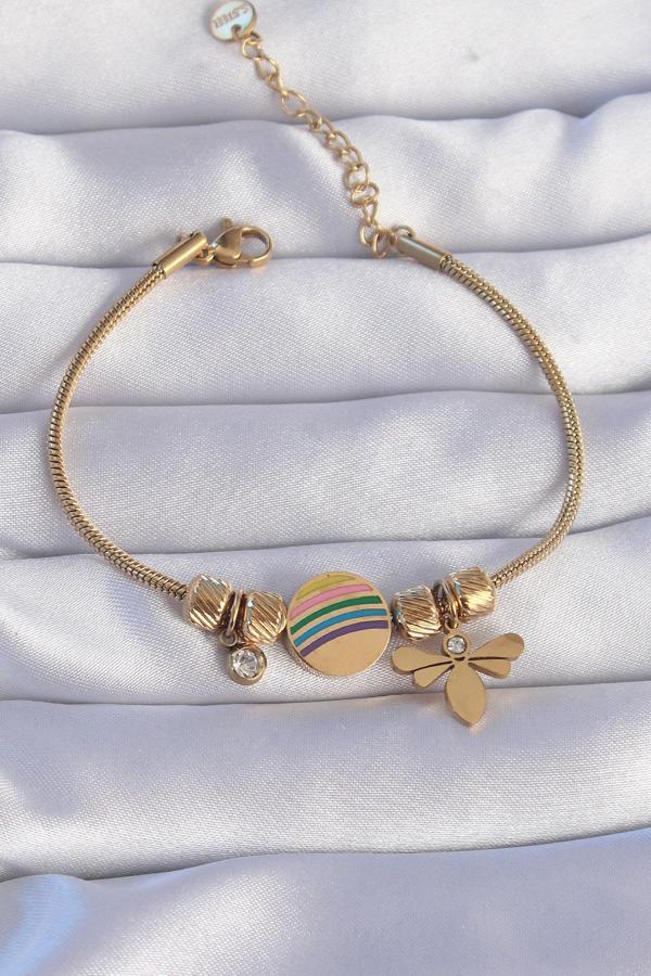 316L Çelik Gold Renk Zirkon Taşlı Gökkuşağı Tasarımlı Yusufçuk Bileklik - TJ-BB6204 - Image 1