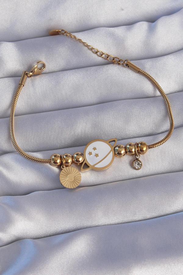 316L Çelik Gold Renk Zirkon Taşlı Mineli Satürn Tasarımlı Bileklik - TJ-BB6200 - Image 1