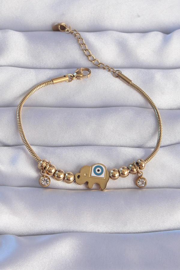 316L Çelik Gold Renk Zirkon Taşlı Nazarlı Fil Tasarımlı Bileklik - TJ-BB6202 - Image 1
