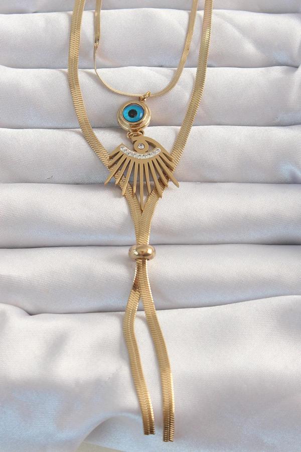 316L Çelik Gold Renk Zirkon Taşlı Göz Detay Nazarlı Uzun Asansör Model Kolye - TJ-BKO8962 - Image 1