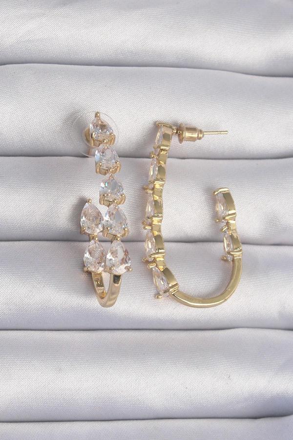 Pirinç Gold Renk Damla Zirkon Taş Tasarımlı Küpe - TJ-BKP9198 - Image 1