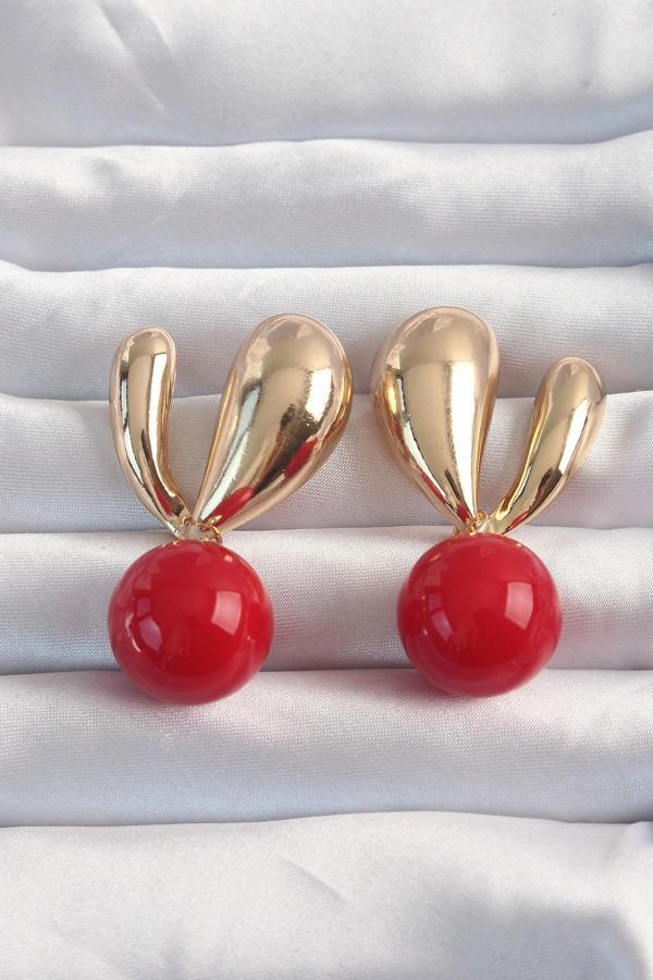 Pirinç Gold Renk Kırmızı Yuvarlak Tasarım Küpe - TJ-BKP9171 - Image 1