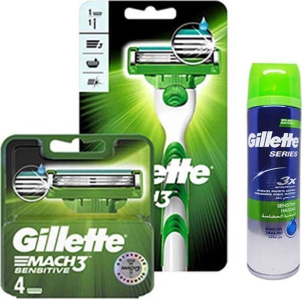 Gillette Mach3 Sensitive Tıraş Seti Makine + 5'li Yedek Başlık 200 ml Jel - Image 1