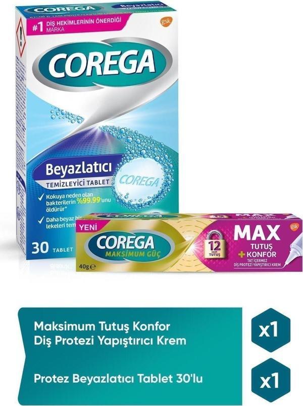 Corega Max Tutuş & Konfor Diş Protezi Yapıştırıcı 40gr Protez Beyazlatıcı Tablet 30'lu - Image 1
