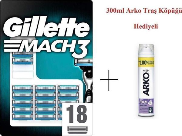 Gillette Mach3 Yedek Tıraş Bıçağı 18'li Karton Paket + Arko Men 300ml Köpük Hediyeli - Image 1