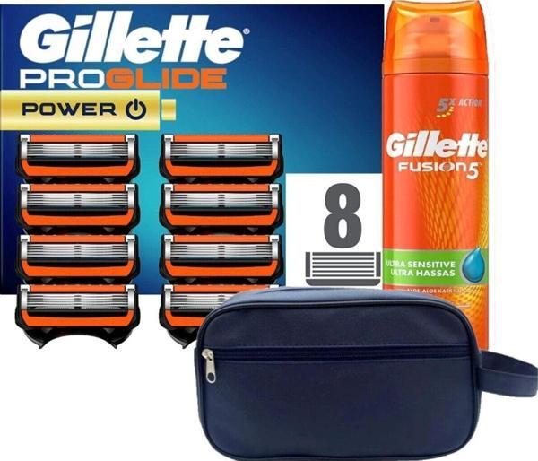 Gillette Proglide Power 8 li Tıraş Bıçağı Karton Paket + Fusion 200 ML Jel + Seyahat Çantası - Image 1