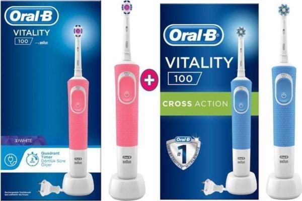 Oral-B D100 3d White Pembe+ Cross Mavi Vitality Şarjlı Diş Fırçası - Image 1