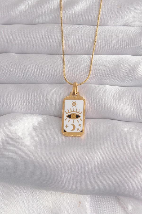 316L Çelik Gold Renk Beyaz Mineli Göz Figür Tarot Kolye - TJ-BKO9037 - Image 1