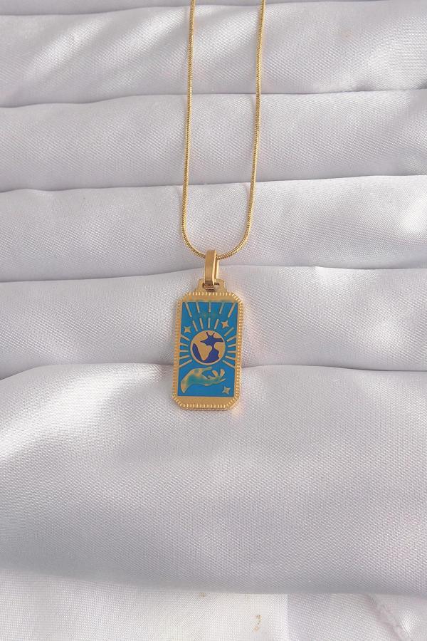 316L Çelik Gold Renk Mavi Mineli El Figür Tarot Kolye - TJ-BKO9040 - Image 1