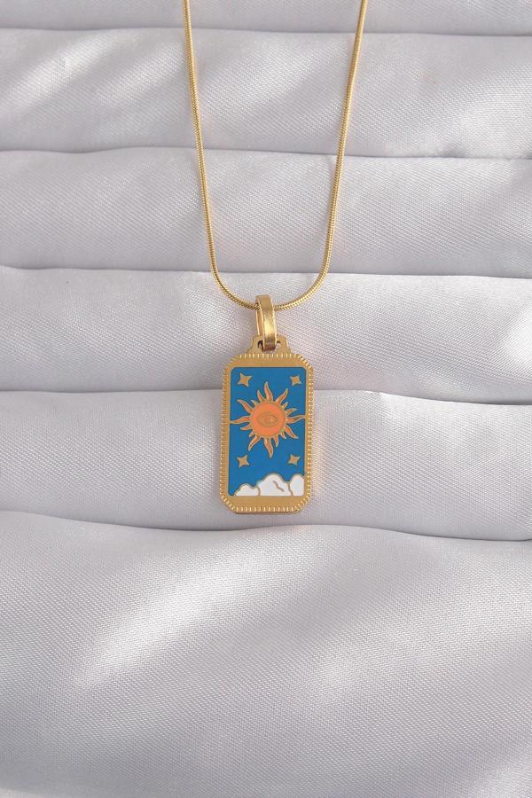 316L Çelik Gold Renk Mavi Mineli Güneş Model Tarot Kolye - TJ-BKO9026 - Image 1