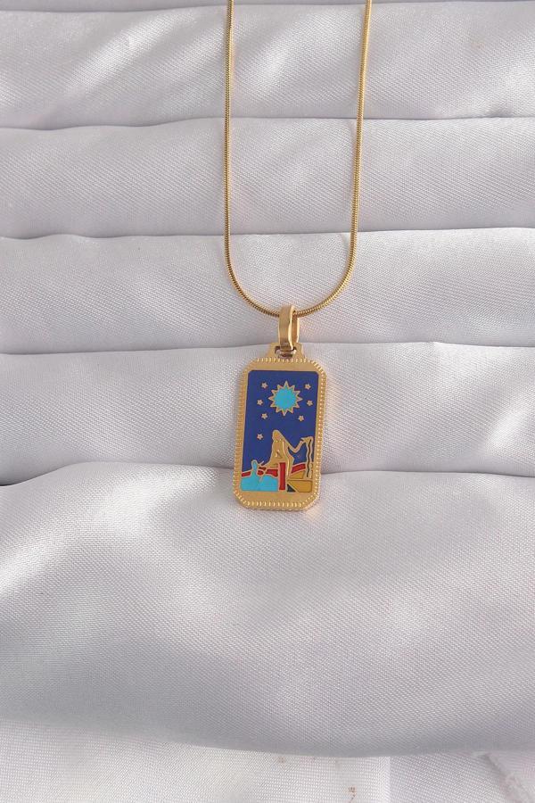316L Çelik Gold Renk Mavi Mineli Kız Figür Tarot Kolye - TJ-BKO9033 - Image 1