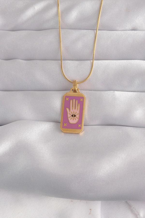 316L Çelik Gold Renk Mor Mineli El Figür Tarot Kolye - TJ-BKO9034 - Image 1