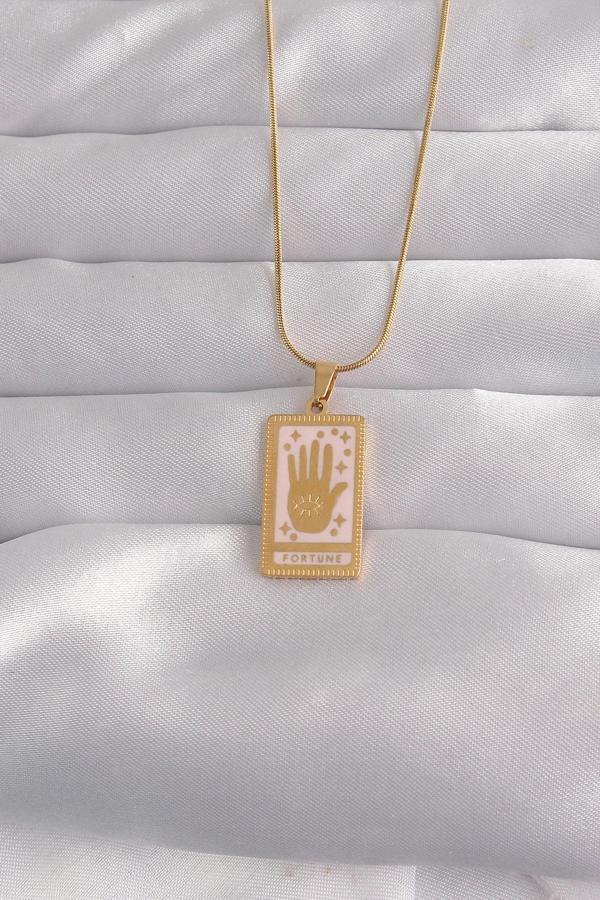 316L Çelik Gold Renk Pembe Mineli El Figür Tarot Kolye - TJ-BKO9031 - Image 1