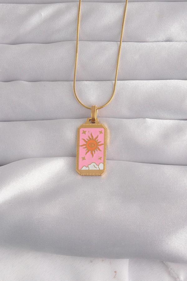316L Çelik Gold Renk Pembe Mineli Güneş Model Tarot Kolye - TJ-BKO9029 - Image 1