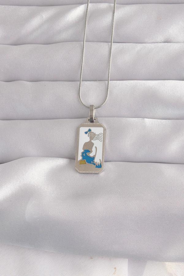 316L Çelik Gümüş Renk Beyaz Mineli Kız Figür Tarot Kolye - TJ-BKO9049 - Image 1