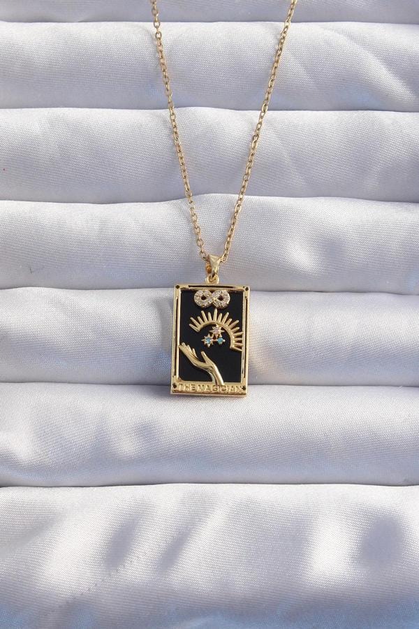 316L Çelik Zincir Gold Renk Sonsuzluk Detay Zirkon Taşlı Tarot Kolye - TJ-BKO8983 - Image 1