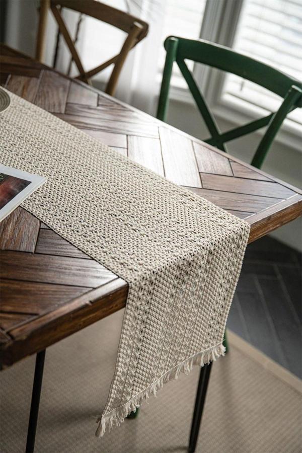 Vivamaison Runner Masa Örtüsü Ham Pamuk Örme Dantel Püsküllü Krem 37x150 cm - Image 1