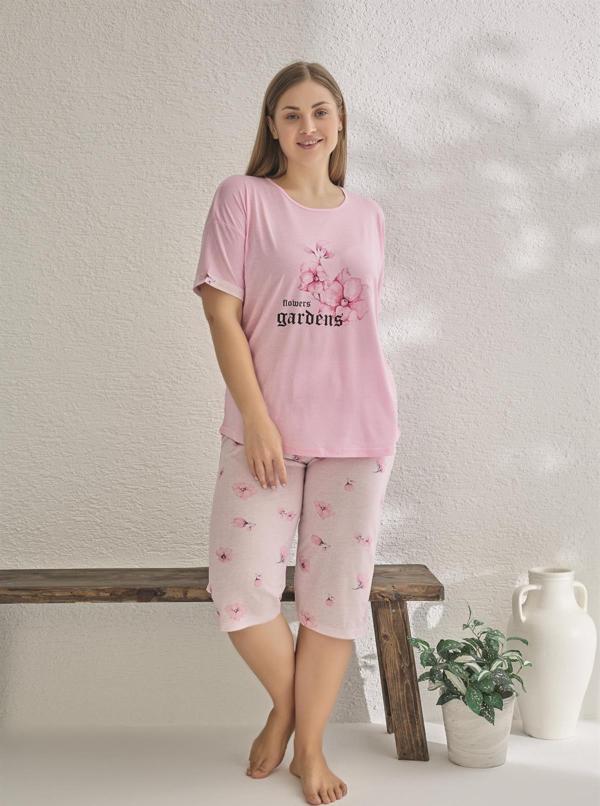 Estiva 23072 Kadın Kısa Kollu Kaprili Büyük Beden Yazlık Viskon Pijama Takımı - Image 1