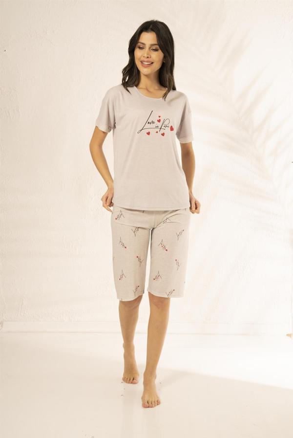 Estiva 22069 Kadın Kalp Desenli Kısa Kollu Kaprili Viskon Pijama Takımı - Image 1