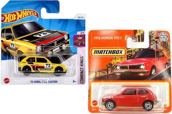 2 Araç Honda Civic Custom Set - Sarı & Kırmızı (1/64) Hot Wheels  '73 & Matchbox 1976 CVCC - Image 1