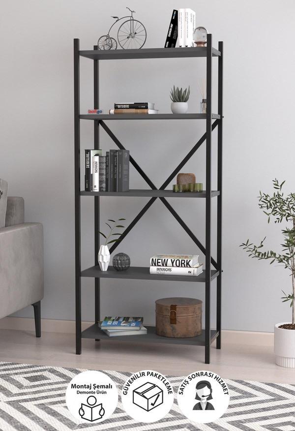 Bofigo 5 Raflı Kitaplık Dekoratif Kitaplık Metal Kitaplık Ofis Kitaplığı Troya Antrasit - Image 1