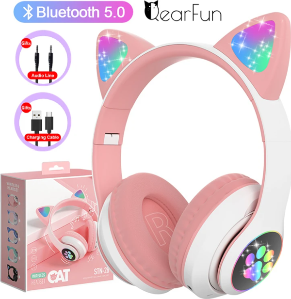 Kedi Kulak Kulaküstü Bluetooth 5.0 Kablosuz Kulaklık Led Işıklı Radyolu AUX SD KART GİRİŞLİ KULAKLIK - Image 1