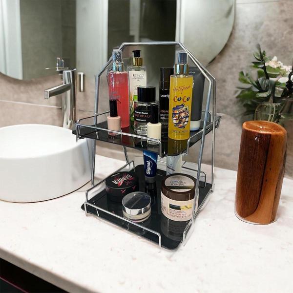 2 Katlı Üçgen Siyah Metal Banyo, Mutfak, Makyaj Organizatörü - Model 3 - Image 1