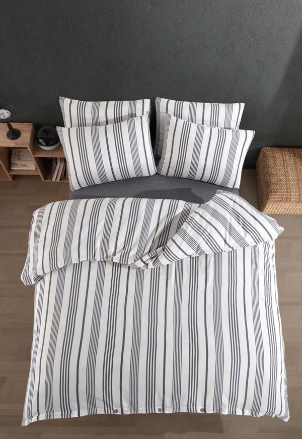 Düğmeli Lastikli Çarşaflı Pamuklu İpliği Boyalı Tek Kişilik Nevresim Takımı (1 Adet Yastık Kılıflı) - Image 1