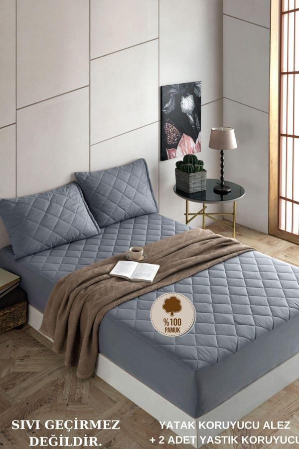 Set Pamukkale Alez Gri %100 Pamuk Kapitone Yatak Koruyucu-2 Adet Yastık Koruyucu Alez(11 Ebat) - Image 1