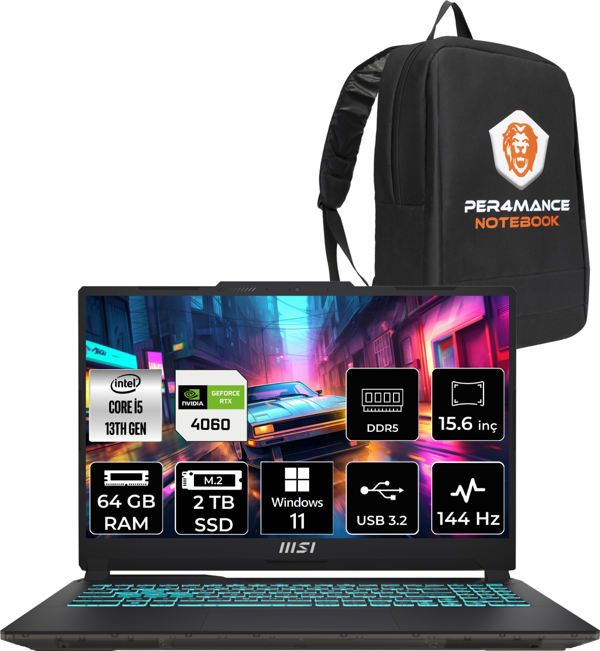 MSI Cyborg 15 Intel Core i5-13420H 64GB 2TB SSD FHD 144Hz W11P Bilgisayar A13VF-895XTR & PER4 ÇANTA A13VF895XTRP414 - Image 1