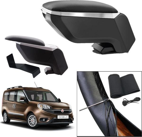 Lüks Set Fiat Doblo 2 2019 Delmesiz Çelik Ayaklı Gri-Siyah Kolçak Kol Dayama, Direksiyon Kılıfı - Image 1