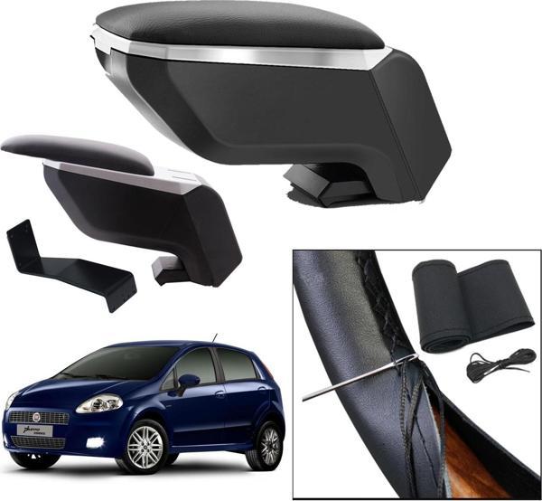 Lüks Set Fiat Grande Punto 2007 Delmesiz Çelik Ayaklı Gri-Siyah Kolçak Kol Dayama, Direksiyon Kılıfı - Image 1
